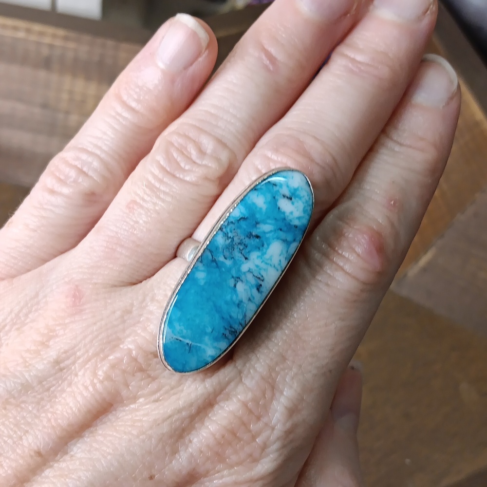 Blue Dendritic Opal Ring, size 7.5